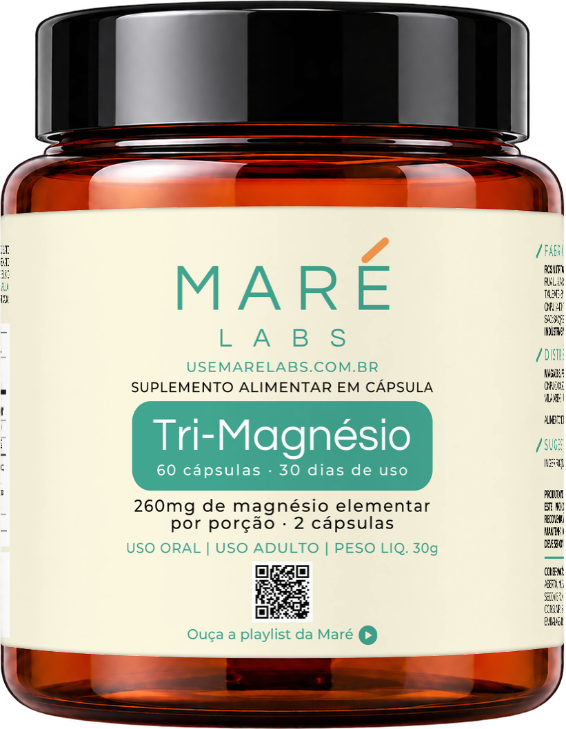 Pote âmbar com tampa preta do Tri-Magnésio Maré Labs, 60 cápsulas.